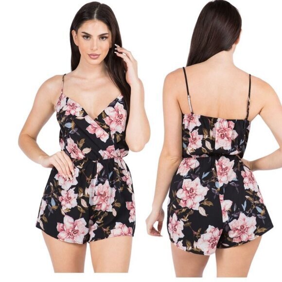 Women's Summer Romper - Black Floral Print Romper Shorts Size Small - Picture 1 of 9